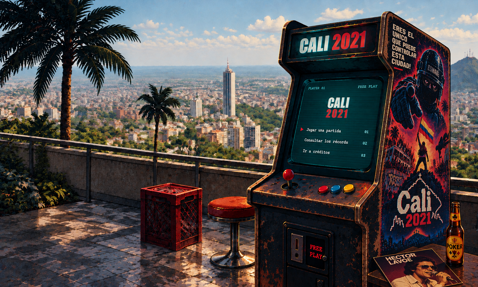 Máquina arcade Cali 2021 en un mirador sobre la ciudad, entre palmeras.